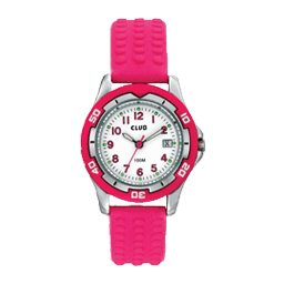 Sølvfarget klokke med hvit urskive, rød bezel, rosa detaljer og rosa teksturert gummirem. Funksjoner inkluderer datovisning og vannmotstand ned til 100 meter.