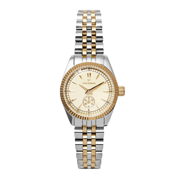 Elegant armbåndsur med sølv- og gulllenke, beige urskive, gullkant og to underurskiver, som viser et klassisk og sofistikert design.