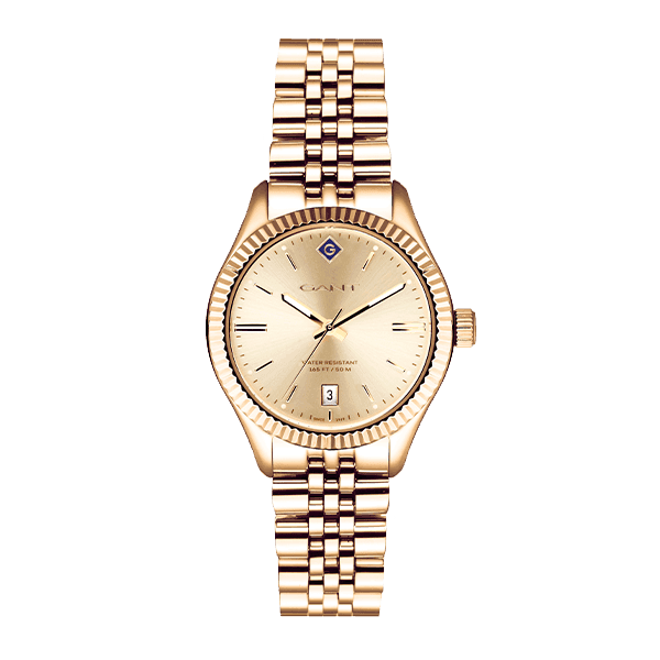 Gulltonet armbåndsur med leddlenke, rund urskive, datovisning klokken seks og riflet bezel.