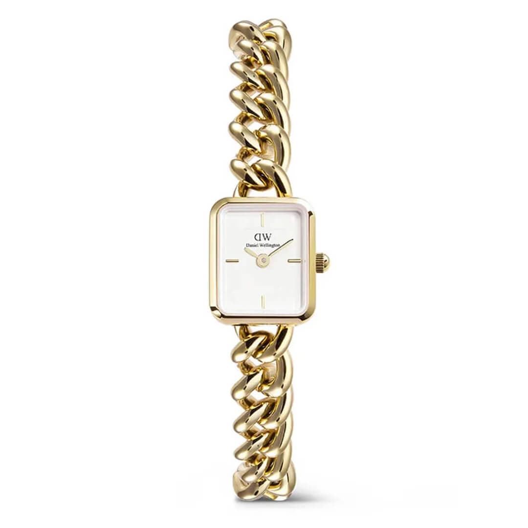 Et armbåndsur med gullkjede, rektangulær hvit urskive og minimalistisk design, som viser klokken 10:09.